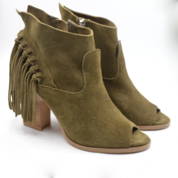 Marc Fisher Suede Leather Onita Fringe Peep Toe Booties Sage Green Size 7 - Picture 2 of 7